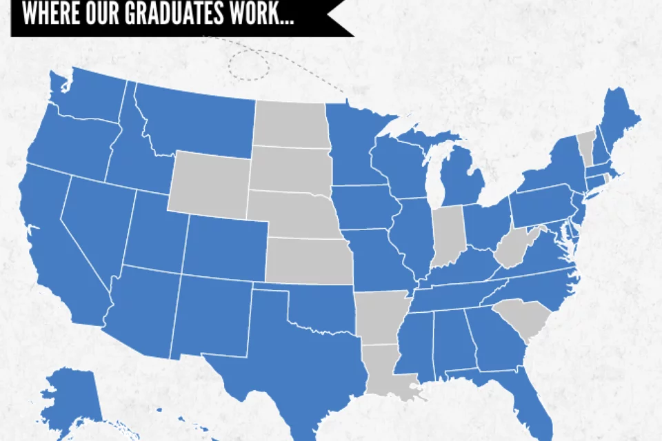 The graphic is a map of the United States highlighting in blue the states where resident graduates are employed after completing their residency. Most states are filled in blue, indicating employment in those areas, while some are left in gray. The gray states, where there are no resident graduates working, include North Dakota, South Dakota, Nebraska, Oklahoma, Arkansas, Mississippi, West Virginia, and Vermont. The title at the top reads, "WHERE OUR GRADUATES WORK…" in bold white text on a black banner.