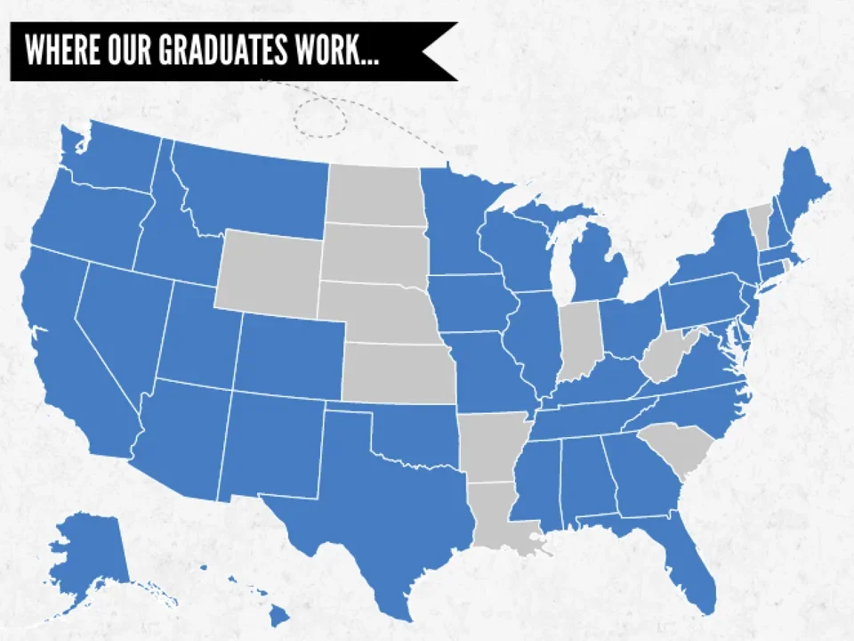 The graphic is a map of the United States highlighting in blue the states where resident graduates are employed after completing their residency. Most states are filled in blue, indicating employment in those areas, while some are left in gray. The gray states, where there are no resident graduates working, include North Dakota, South Dakota, Nebraska, Oklahoma, Arkansas, Mississippi, West Virginia, and Vermont. The title at the top reads, "WHERE OUR GRADUATES WORK…" in bold white text on a black banner.
